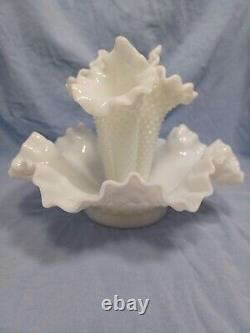 FENTON HOBNAIL 3 HORN White Milk Glass Vintage Flower Trumpet Vase Centerpiece