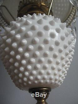 FENTON HOBNAIL WHITE MILK GLASS STUDENT TABLE LAMP with HANGING CRYSTAL PRISMS