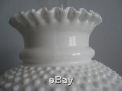 FENTON HOBNAIL WHITE MILK GLASS STUDENT TABLE LAMP with HANGING CRYSTAL PRISMS