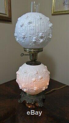 FENTON LAMP Double Ball 22 ROSE MILK GLASS 3-Way Brass Fittings 1960s Excellent