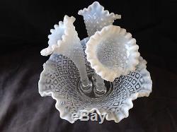 FENTON Large Triple Horn Epergne Milk Glass & Clear Bowl Very Decorative