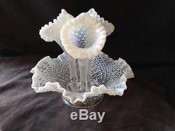 FENTON Large Triple Horn Epergne Milk Glass & Clear Bowl Very Decorative