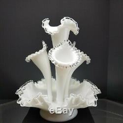 FENTON Milk Glass Silver Crest Large Epergne 4 Horn Centerpiece Flower Holder