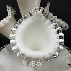 FENTON Milk Glass Silver Crest Large Epergne 4 Horn Centerpiece Flower Holder