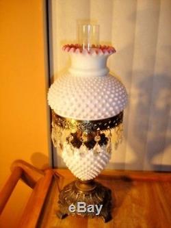 FENTON OLD Peach Blow MILK GLASS HOBNAIL STUDENT LAMP GWTW STYLE, LABEL
