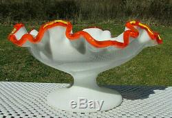 FENTON RARE FLAME CREST Milk Glass FOOTED Compote CRIMPED 6.75-7W x 3.5H