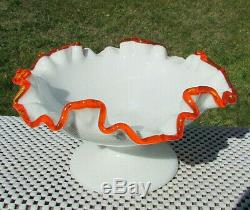 FENTON RARE FLAME CREST Milk Glass FOOTED Compote CRIMPED 6.75-7W x 3.5H