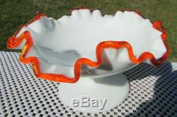 FENTON RARE FLAME CREST Milk Glass FOOTED Compote CRIMPED 6.75-7W x 3.5H