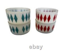 FIRE KING SET of 4 2 Turquoise 2 Red Diamond HARLEQUIN 4 1/4 Cereal Bowls