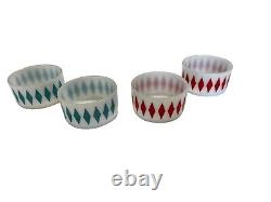 FIRE KING SET of 4 2 Turquoise 2 Red Diamond HARLEQUIN 4 1/4 Cereal Bowls