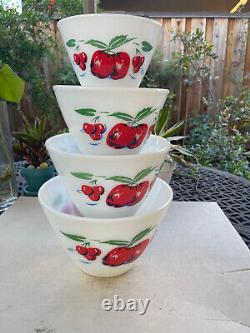 FIRE KING Set of 4 Apples and Cherries Mixing Bowl White Splash Proof Milk Glass