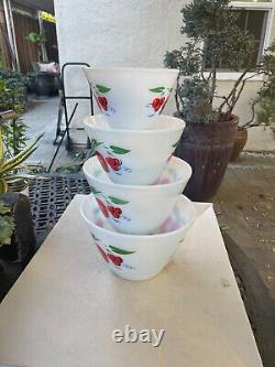 FIRE KING Set of 4 Apples and Cherries Mixing Bowl White Splash Proof Milk Glass