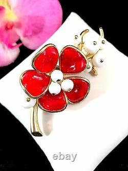 Fabulous 1952 Crown Trifari Goldtone Red White Milk Glass Camellia Flower Brooch