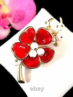 Fabulous 1952 Crown Trifari Goldtone Red White Milk Glass Camellia Flower Brooch