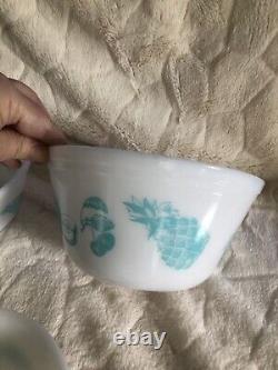 Federal Glass Bowl Teal And White Fruit Theme Strawberry Apple Pineapple