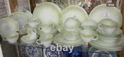 Federal Glass Moon Glow Milk Glass Dinner Set Green & White Plates Cups Bowls