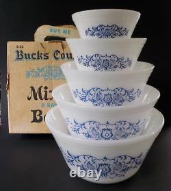 Federal Milk Glass Blue Bucks County Mixing Baking Bowls Vintage MINT BOXED SET