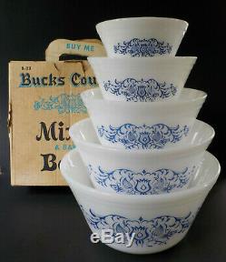 Federal Milk Glass Blue Bucks County Mixing Baking Bowls Vintage MINT BOXED SET