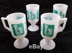Federal Milk Glass Turquoise Danish Rooster Continental Pedestal Mugs Cups SET 4
