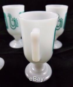 Federal Milk Glass Turquoise Danish Rooster Continental Pedestal Mugs Cups SET 4