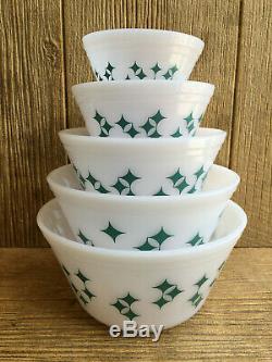 Federal Milk Glass Turquoise Twinkle Stars Mixing Nesting Bowls Vintage Mint Box