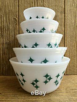 Federal Milk Glass Turquoise Twinkle Stars Mixing Nesting Bowls Vintage Mint Box