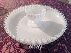 Fenton 13.5 Mid-Century Modern Chip Bowl Set. Crimped Edge Milk Glass. Vintage