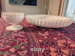 Fenton 13.5 Mid-Century Modern Chip Bowl Set. Crimped Edge Milk Glass. Vintage