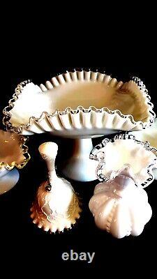 Fenton 1950's Silver Crest Milk Glass Five piece Set Bowl, Bell, Compote Footed
