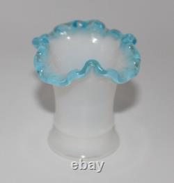 Fenton #37 Mini Miniature Vase White Milk Glass Square Corner Aqua Crest Crimp
