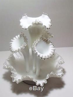 Fenton 4 Horn 5 Piece Silver Crest Epergne White Milk Glass Vase Centerpiece