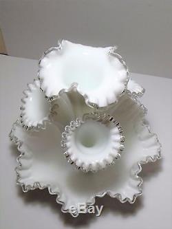Fenton 4 Horn 5 Piece Silver Crest Epergne White Milk Glass Vase Centerpiece
