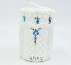 Fenton'72 Milk Glass Hobnail withHandpainted Bluebells On Lidded Jam Or Candy Jar