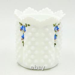 Fenton'72 Milk Glass Hobnail withHandpainted Bluebells On Lidded Jam Or Candy Jar