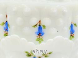 Fenton'72 Milk Glass Hobnail withHandpainted Bluebells On Lidded Jam Or Candy Jar