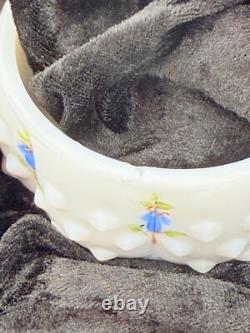 Fenton'72 Milk Glass Hobnail withHandpainted Bluebells On Lidded Jam Or Candy Jar