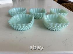 Fenton Aqua Hobnail Milk Glass Ruffle Edge Berry Bowls-Rare Color- Set Of 5