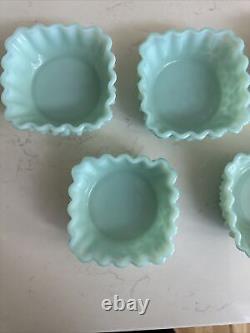 Fenton Aqua Hobnail Milk Glass Ruffle Edge Berry Bowls-Rare Color- Set Of 5