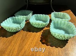 Fenton Aqua Hobnail Milk Glass Ruffle Edge Berry Bowls-Rare Color- Set Of 5