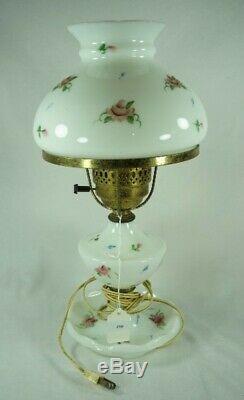 Fenton Art Glass Hand Painted Rose Milk Glass Lamp with Shade Works Great