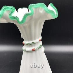 Fenton Art Glass Hand-painted Milk Glass Wheat Vase Emerald Green Trim