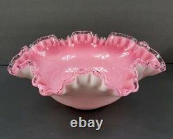 Fenton Art Glass Peach Crest 3 Pc Console Set Bowl Candlesticks Pink White Milk