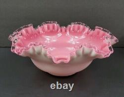 Fenton Art Glass Peach Crest 3 Pc Console Set Bowl Candlesticks Pink White Milk