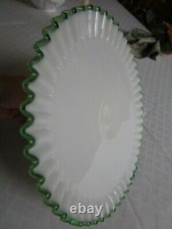 Fenton Art Glass White Milk Glass Green Crest Pedestal Cake Plate Stand Vintage