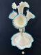 Fenton Art Milk Glass Aqua Crest Epergne Bowl With 4 Lily Horn Vases-17 Tall