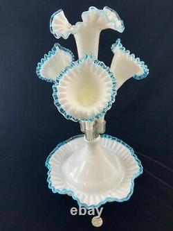Fenton Art Milk Glass Aqua Crest Epergne Bowl with 4 Lily Horn Vases-17 TALL