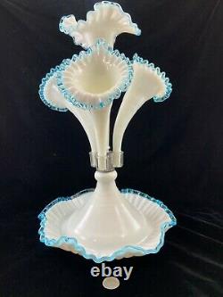 Fenton Art Milk Glass Aqua Crest Epergne Bowl with 4 Lily Horn Vases-17 TALL