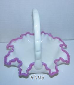 Fenton Basket Apple Blossom Pink Crest on White Milk Glass Bamboo Reed Handle