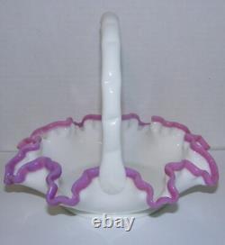 Fenton Basket Apple Blossom Pink Crest on White Milk Glass Bamboo Reed Handle