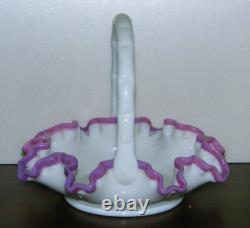 Fenton Basket Apple Blossom Pink Crest on White Milk Glass Bamboo Reed Handle